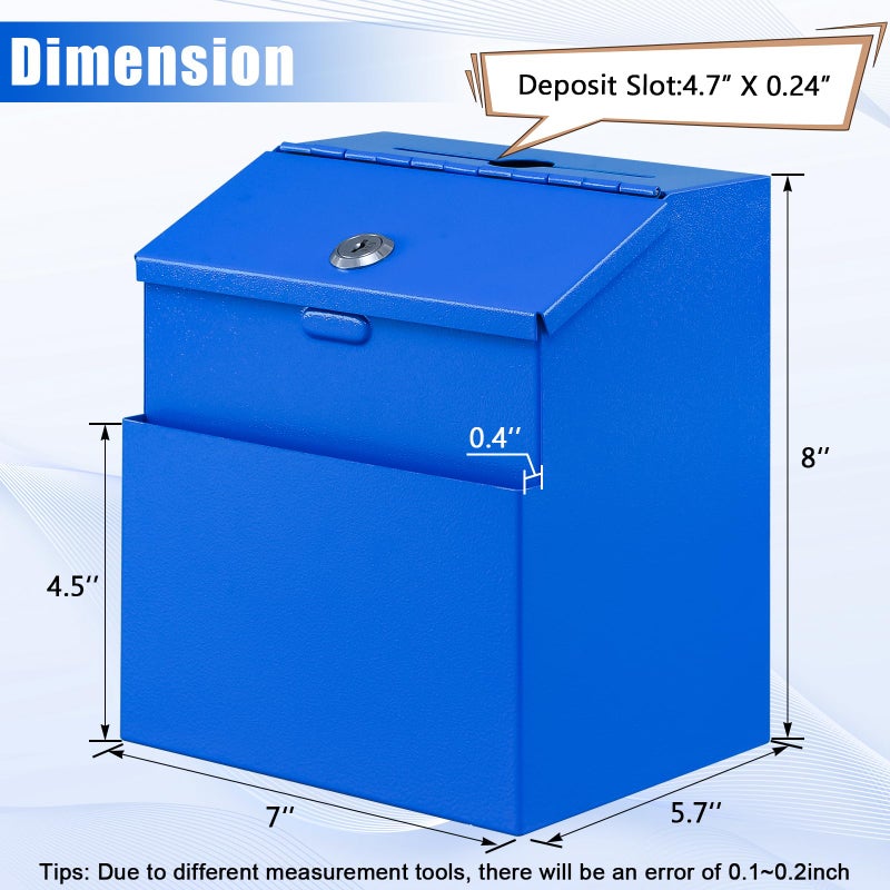 KYODOLED Suggestion Box with Lock, Metal Wall Mounted Donation and Ballot Drop Box with Slot & 2 Keys, 50 Free Suggestion Cards, 8H x 5.7W x 7L Inch, Blue - Image 2